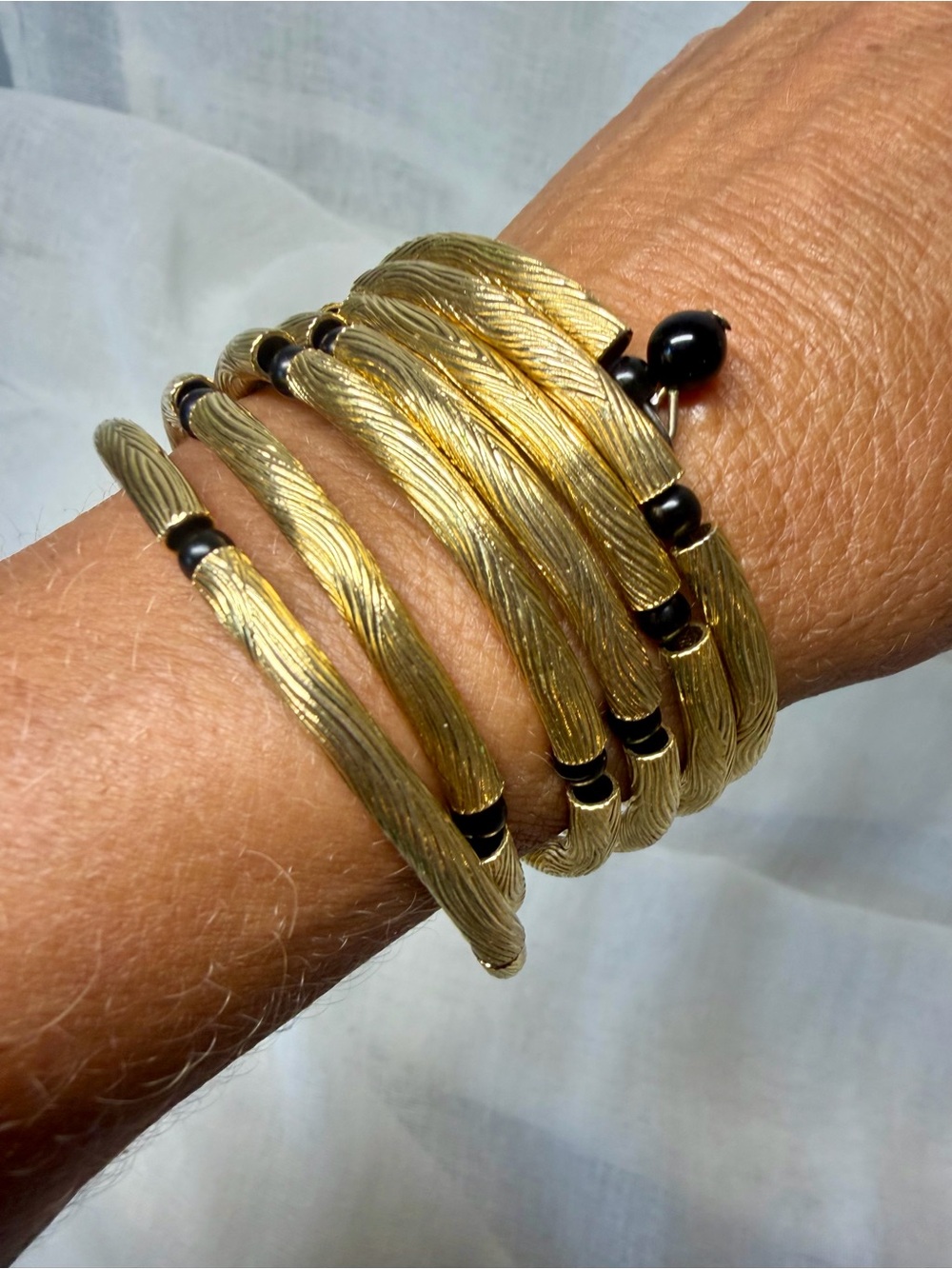 Vintage Tubogas Gold Coil Wrap Bracelet Black Onyx Beads Retro Gaspipe Stack